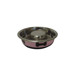 Slow Feeder Spill Proof Pet Bowl With Rubber Base And Bone Design, Pink And Black