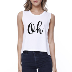 Oh Womens White Sleeveless Crop Shirt Cute Calligraphy Workout Top
